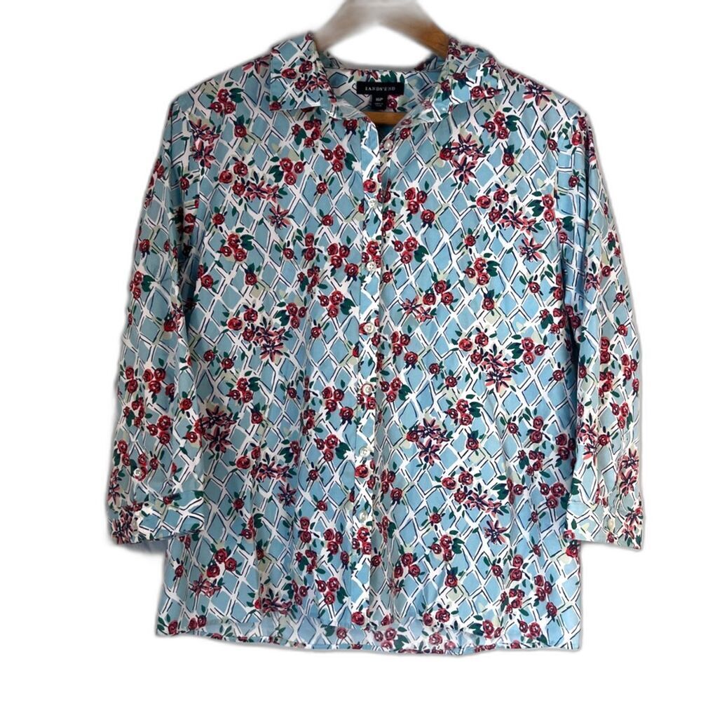 Lands End No Iron 100% Supima Cotton Floral Print Button Down Shirt Size 16P